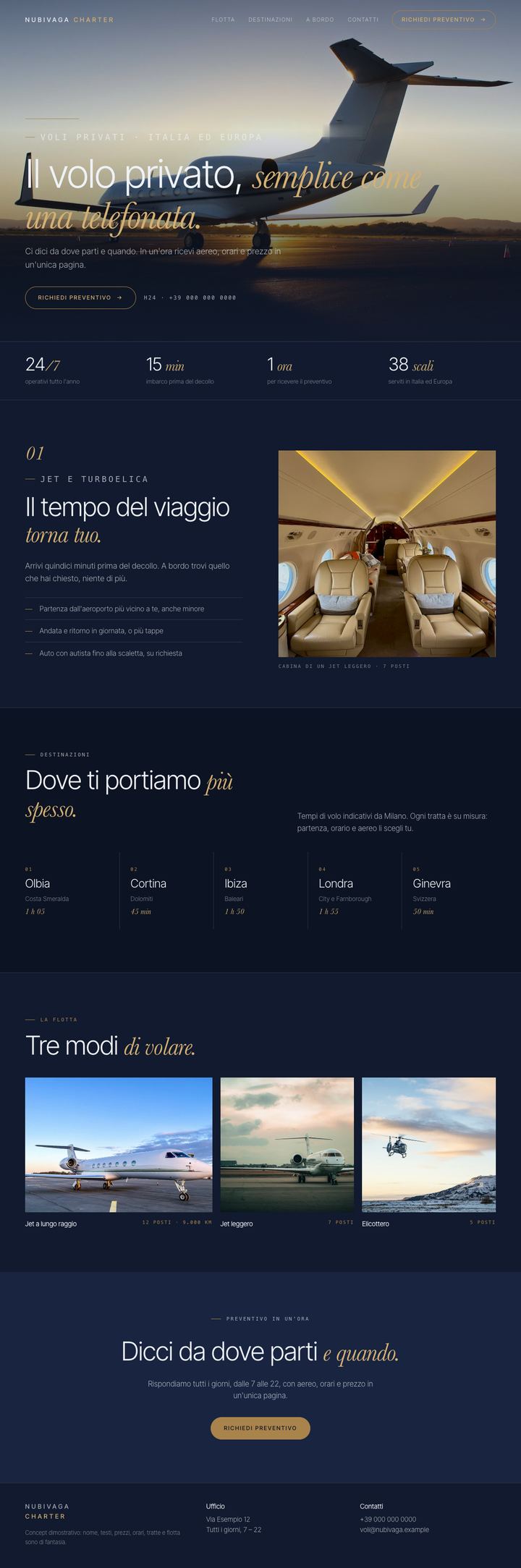 Concept dimostrativo per un charter aereo: blu notte e oro, un jet al tramonto in apertura, le destinazioni in una riga, la flotta