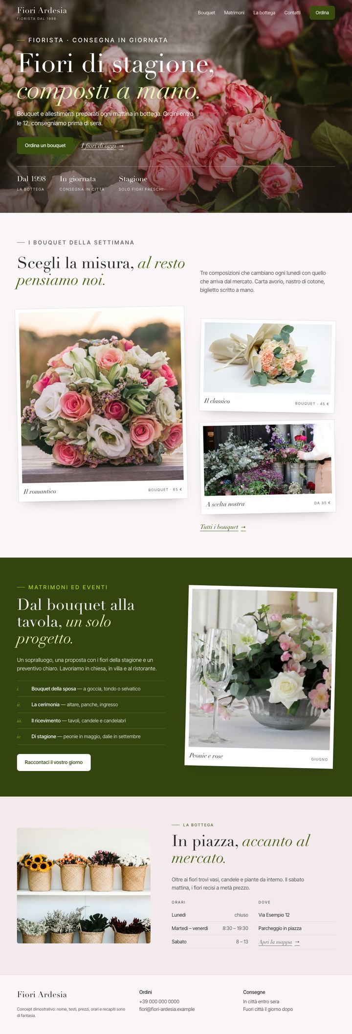 Concept dimostrativo per un fiorista: rose in apertura, i bouquet della settimana come polaroid, i matrimoni su fondo verde